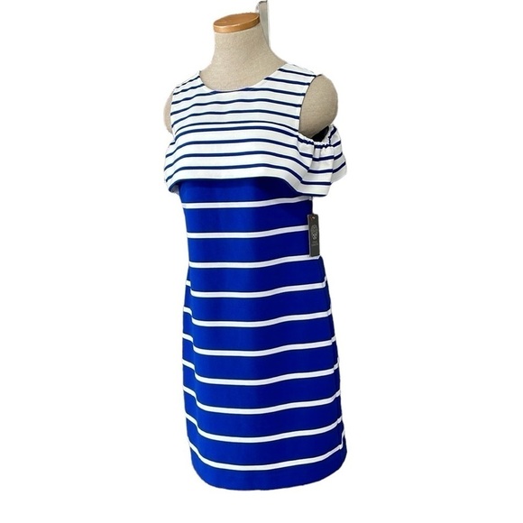 Vince Camuto Dress Women's 6 Blue White Striped Cold Shoulder Midi NWT - Picture 3 of 16